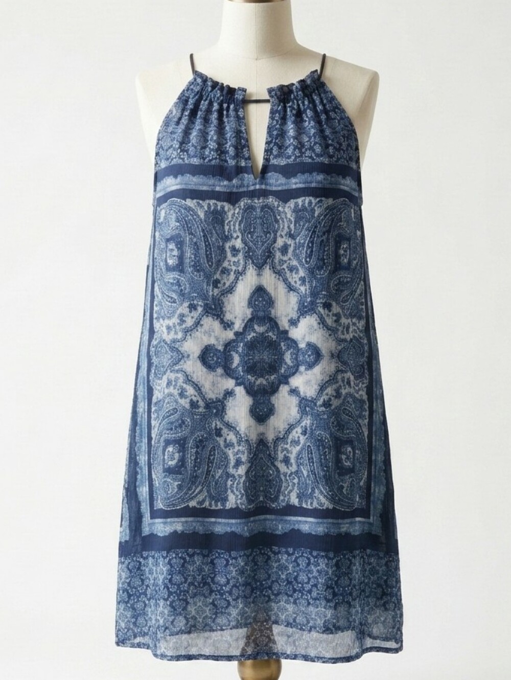 MANGO Blue Halter Bandana Print Boho A-Line Sundress Size XS Pockets